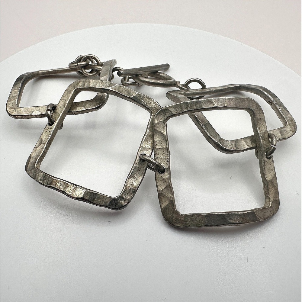 Vintage 90s Silver Tone Hammered Square Link Bracelet Retro Boho Fashion Jewelry